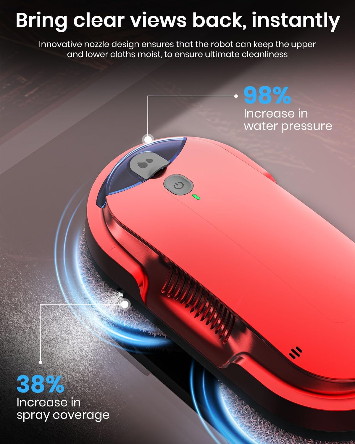 BNZ Smart Window Cleaning Robot, Twin Turbo & Dual Auto-Spray Window Cleaner with Multiple Safety System, AI Path Planning, Frameless Edge Detection, K1 (Ruby Red)