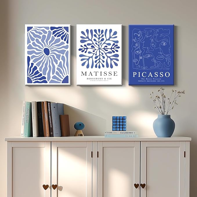 Framed Picasso Matisse Canvas Wall Art Set of 3 – Blue Abstract Line Poster Wall Decor Paintings Prints, Modern Minimalist Pictures Aesthetic Home Decor for Living Room Bedroom Office 16x24 inch