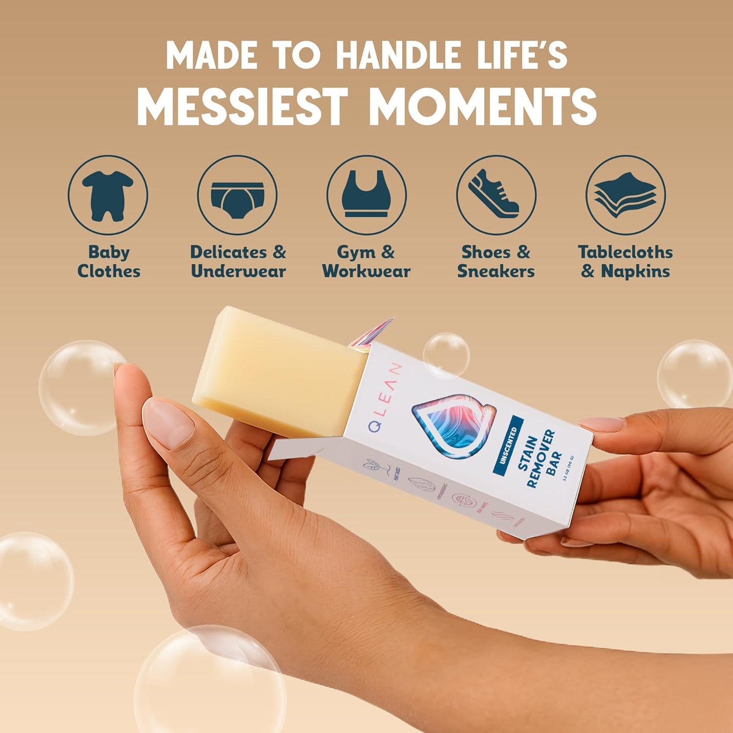 QLEAN Vegan Stain Remover Bar for Fabrics, Laundry Bar Soap for Clothes – Plant-Based, Travel-Friendly Stain Remover for Grease, Wine, Coffee, Grass & More – Non-Toxic & Safe for Delicates (3)