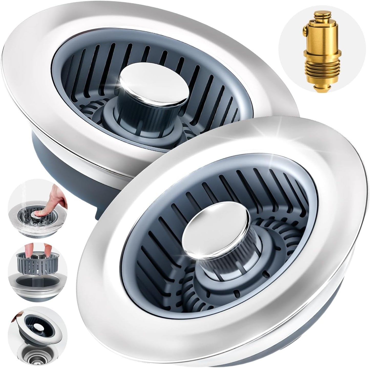 zaa 2 Pack Sink Drain Strainer, Sink Stopper, 3 in 1 Stainless Steel Kitchen Sink Drain Strainer with Anti-Clogging Basket, Fit US Standard 3-1/2 Inch Drain Hole