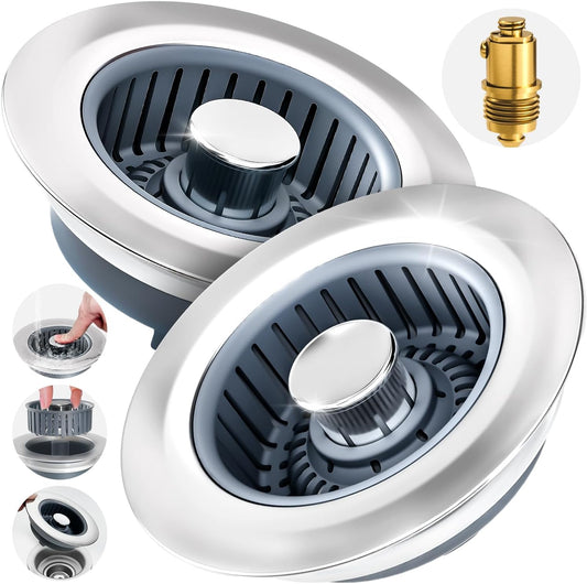 zaa 2 Pack Sink Drain Strainer, Sink Stopper, 3 in 1 Stainless Steel Kitchen Sink Drain Strainer with Anti-Clogging Basket, Fit US Standard 3-1/2 Inch Drain Hole