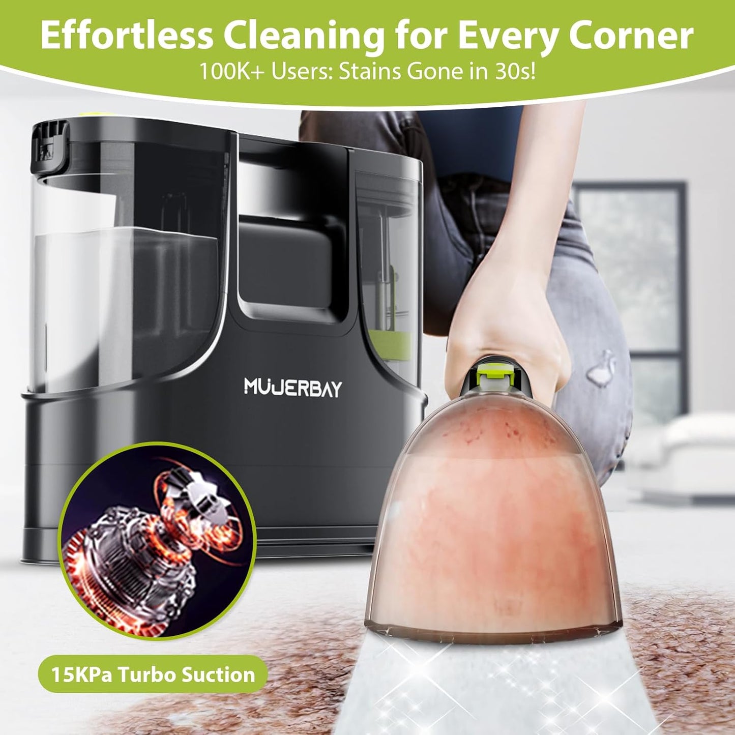 Carpet Cleaner, MUJERBAY 15Kpa Portable Spot and Stain Cleaner Machine, Easy Move with Handle, 1.5-inch Deep Cleaning Shampooer for Couch, Stairs, Car and Pet Messes. Green
