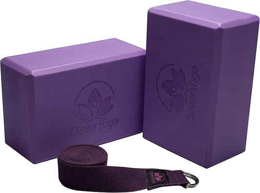 Clever Yoga Blocks & Strap - Lighweight Foam Yoga Blocks 2 Pack with 8ft Cotton Yoga Strap Set Kit for Beginners & Pros, Accessories & Equipment for Women & Men