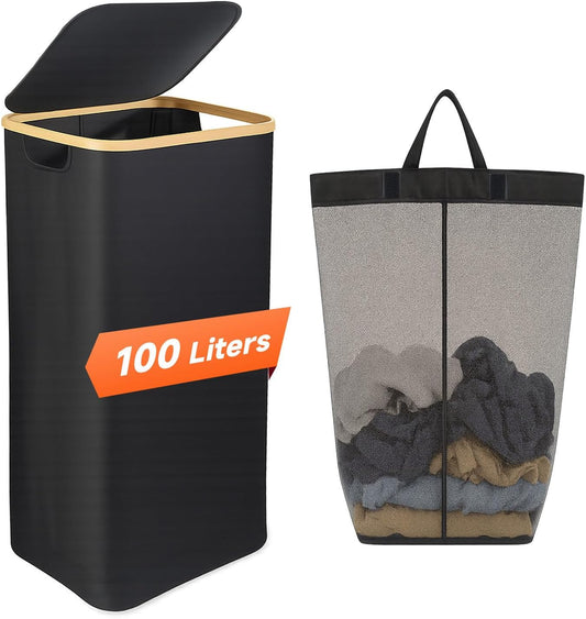 26 Gall/100L Foldable Laundry Hamper with Lid & Collapsible Basket - Clothes Hampers for Laundry with Bamboo Handles and A Removable Bag, Portable Clothes Organizer for Home, Dorm, Travel, Black
