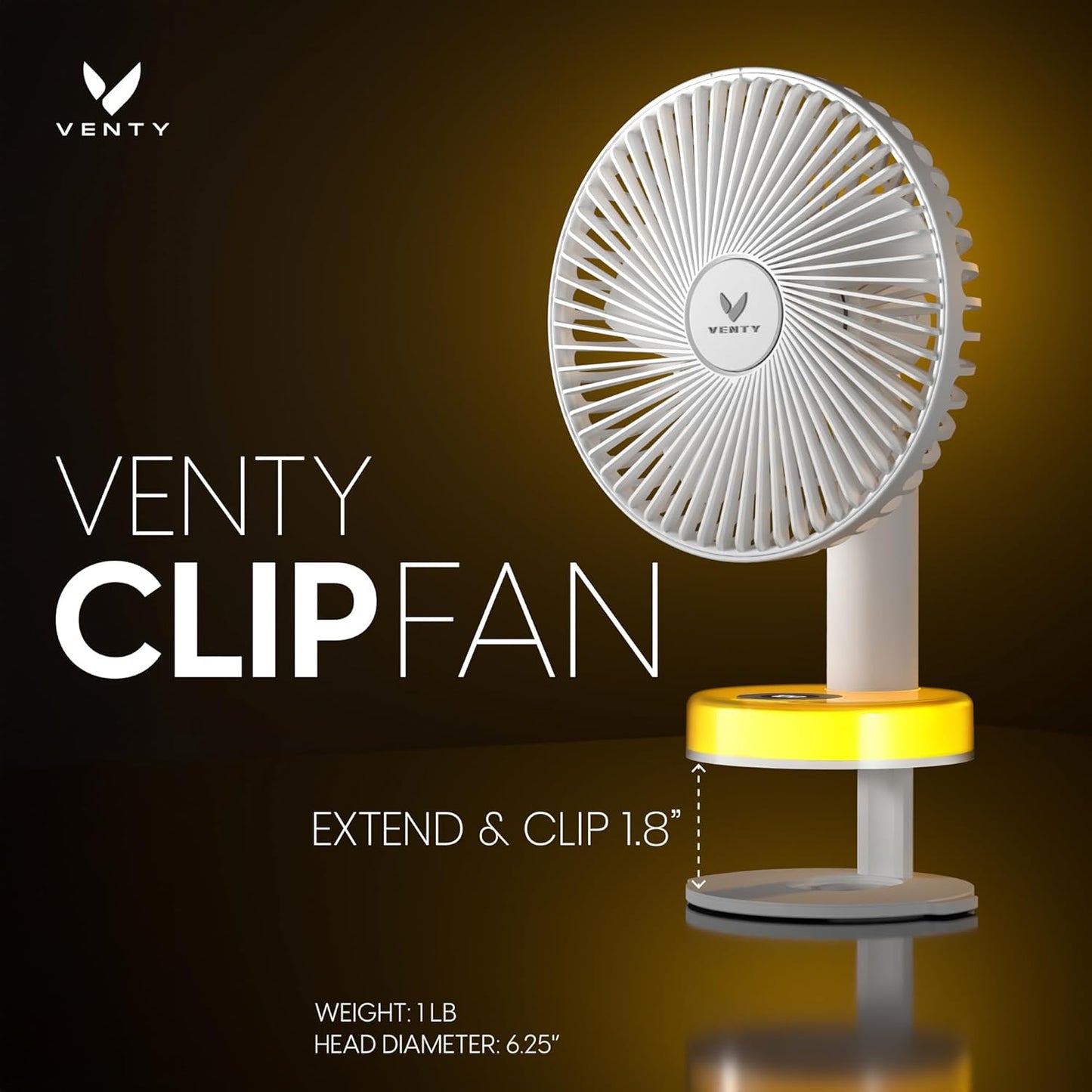VENTY Portable Clip Fan - Rechargeable 10-Hour Battery Portable Fan - 360° Rotation & 90° Tilt - Stroller Fan, Desk Fan or Bedside Fan - Aromatherapy & LED Light - USB-C Rechargeable Clip On Fan