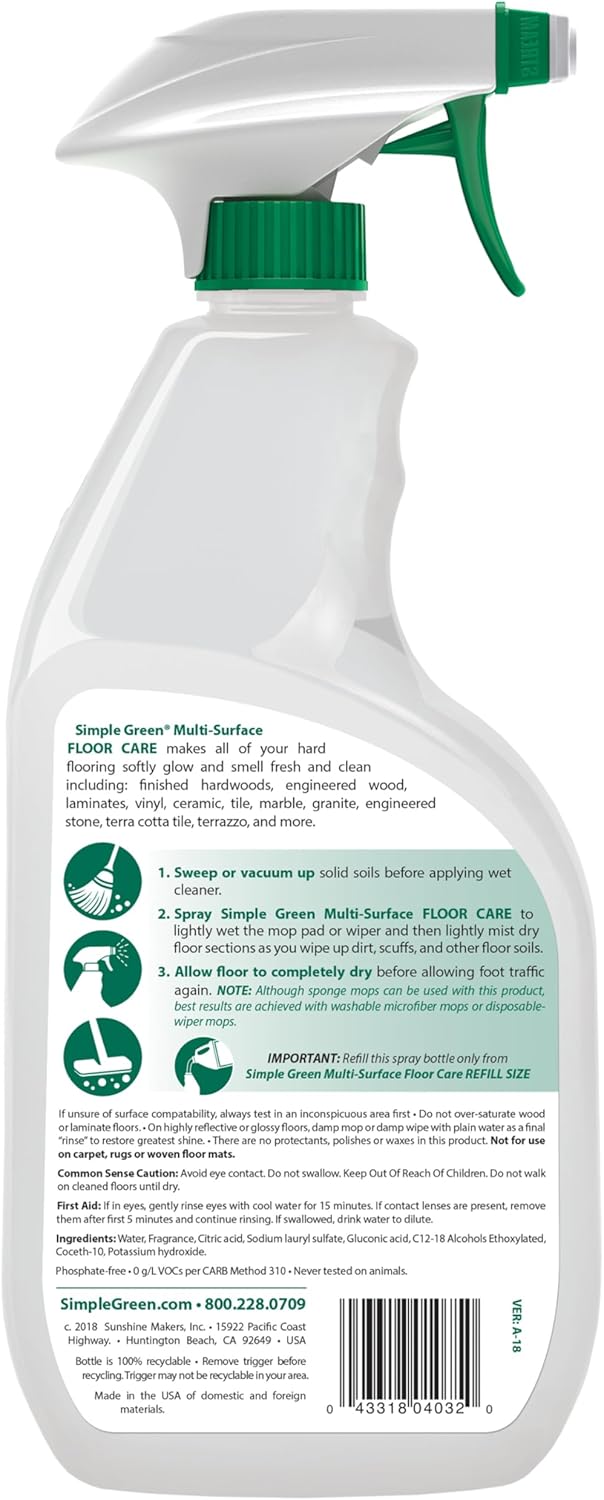 Simple Green Multi-Surface Floor Care - Cleans Hardwood, Vinyl, Laminate, Tile, Concrete and Other Wood - pH Neutral Floor Cleaner 32oz