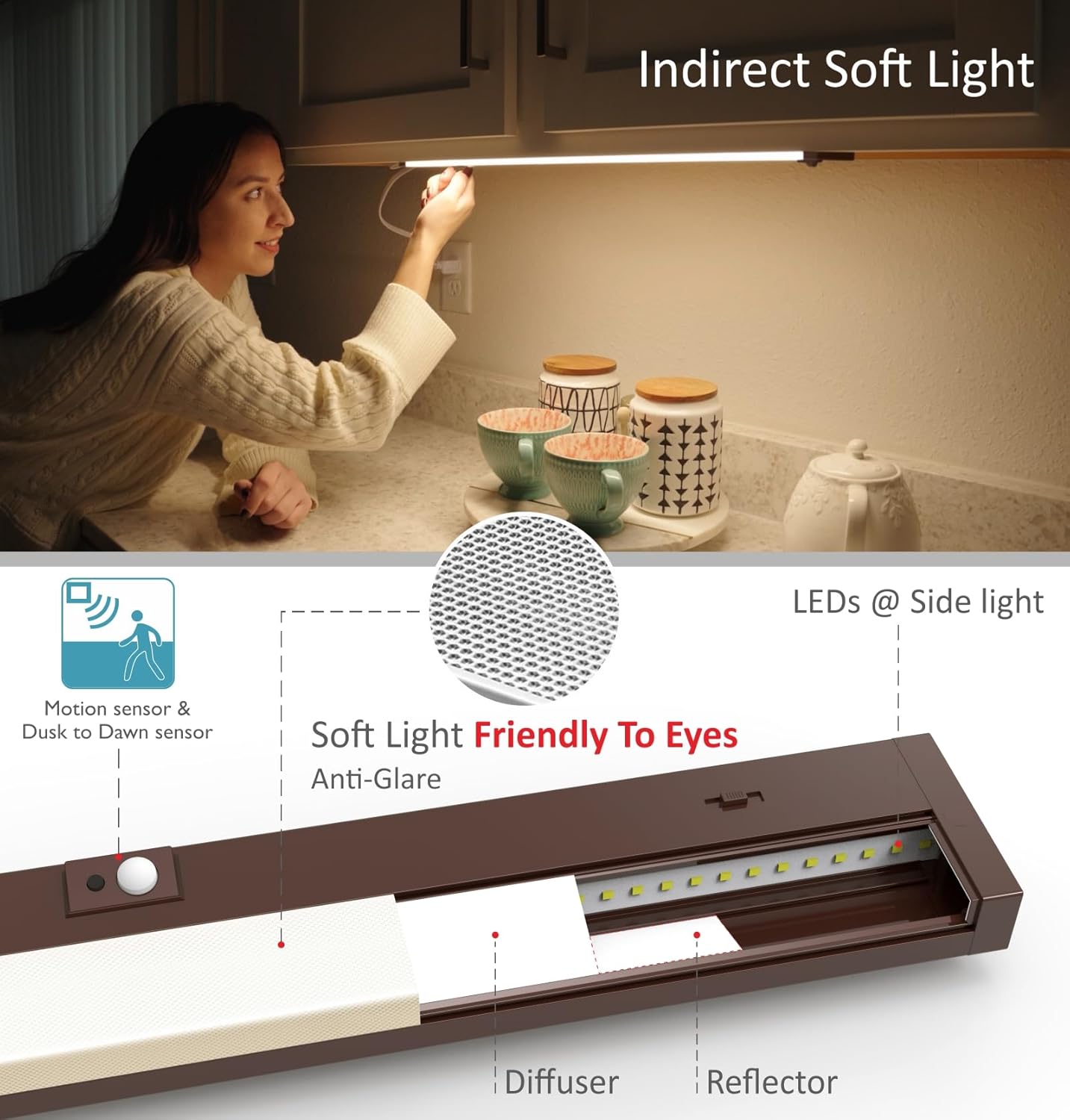 Under Cabinet Lighting Motion Sensor Hardwired, 32 Inch 16W Dimmable, 5 CCT 2700/3000/3500/4000/5000K, Eyes Care Design Linkable Under Counter Lights for Kitchen, Sink, ETL Listed, Bronze