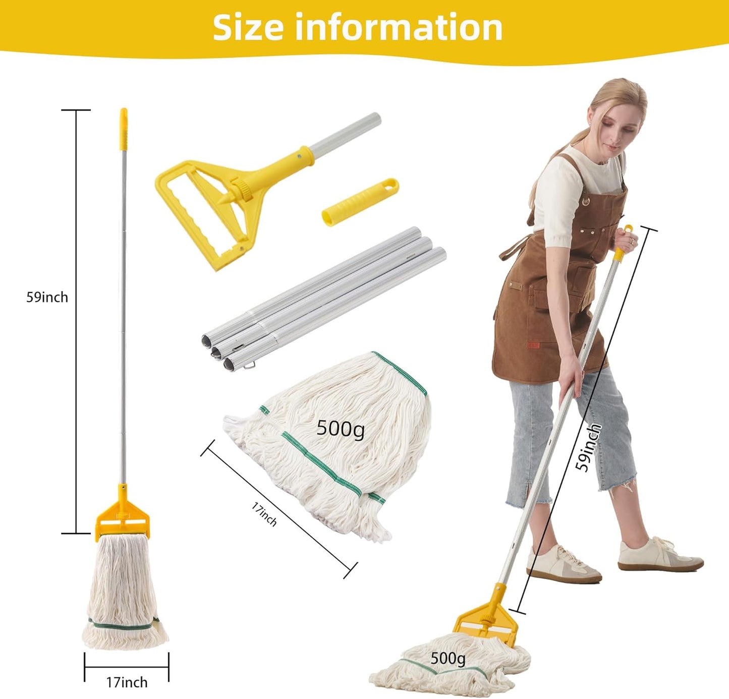 Commercial Mop Heavy Duty Industrial Mop with Long Handle,59" Looped-End String Wet Cotton Mops for Floor Cleaning, Including Three mop Head Replacement