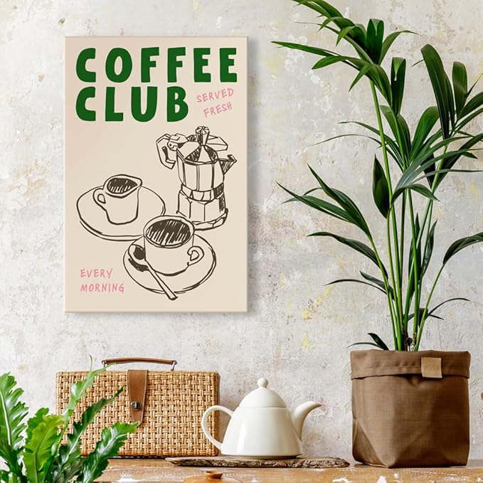 Vintage Coffee Club Wall Art Served Fresh Every Morning Sign Canvas Print Poster Sketch Moka Pot And Cups Minimalist Home Decor Aesthetic Pictures for Kitchen Bar Cafe Dining Room 16x24inch Unframed