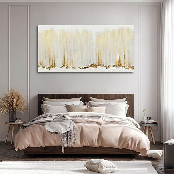 WINKAILIN Gold Wall Art White Line Canvas Paintings Wave Wall Decor for Bedroom Minimalist Abstract Pictures for Walls 24x48 Inch Poster for Office Living Room