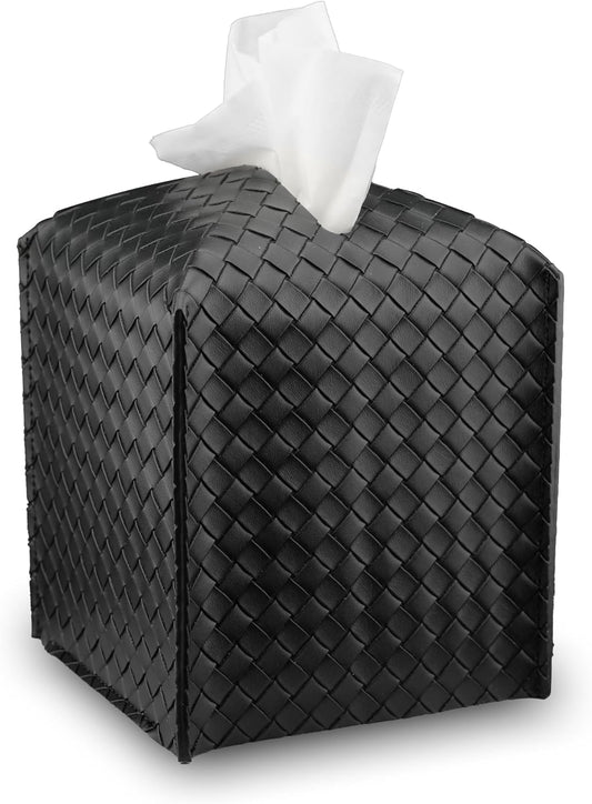 Premium PU Leather Tissue Box Holder–Modern Cover for Home, Office, Car–Stylish Cube Organizer for Standard Kleenex Tissues – Durable, Easy Refill, Woven Design (Black)