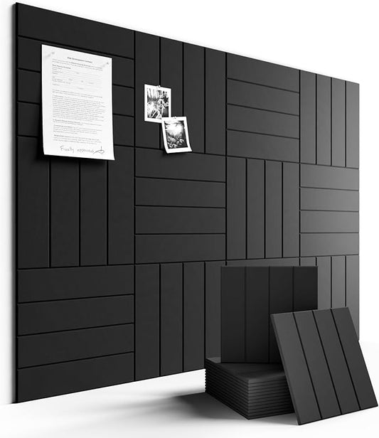 Felt Bulletin Board Tiles Large 48" x 36" Cork Board Alternative-12 Pack with 70 Adhesive Tabs, Thick Slat Wall Panels for Office Decor, Push Pin Board Wall Organizer Alternative -Black