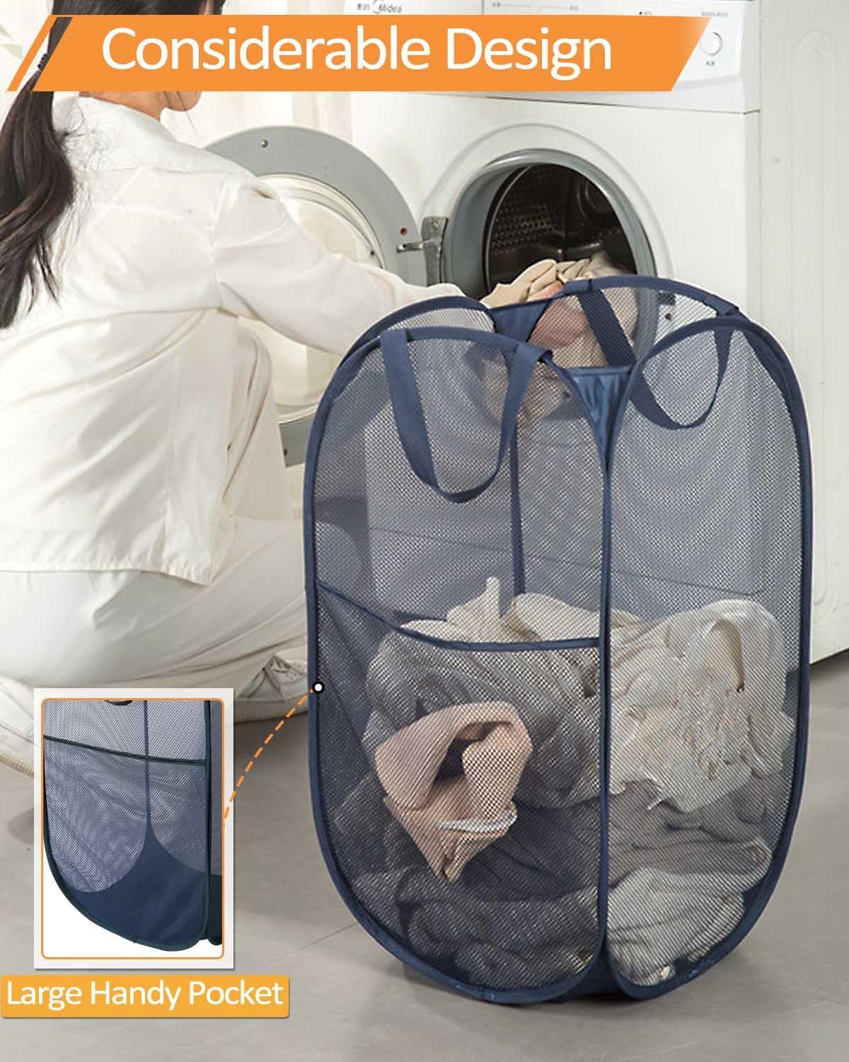 2 Pcs Durable Collapsible Laundry Baskets - Reinforced Mesh Pop Up Laundry Hamper with Pocket, Foldable Dirty Clothes Hamper with Carry Handles for Laundry, Bathroom, Kids Room, Dorm or Travel Navy