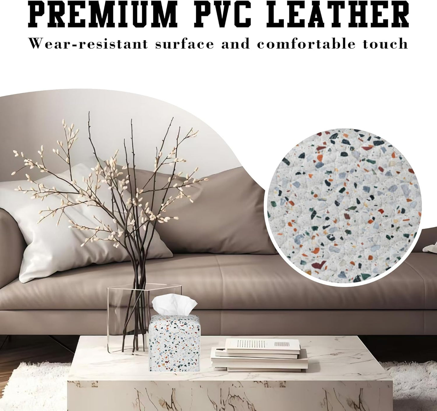 Tissue Box Cover Terrazzo Marble Tile Leather Tissue Box Holder Cube Paper Case Cover Facial Paper Organizer Dispenser for Bathroom, Vanity Countertop, Office Desk