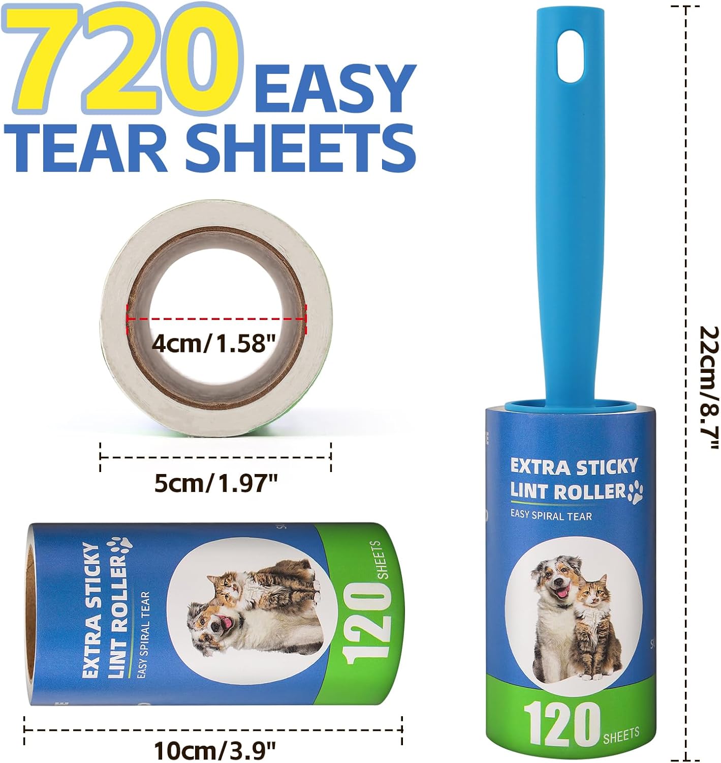 Extra Sticky Lint Roller Refills 6 Pack (720 Sheets) fit 3.8"-4" Standard Size Lint Roller Sticker with Handle, Inner Diameter at 1.5" for Pet Hair, Clothes, Furniture, Cars