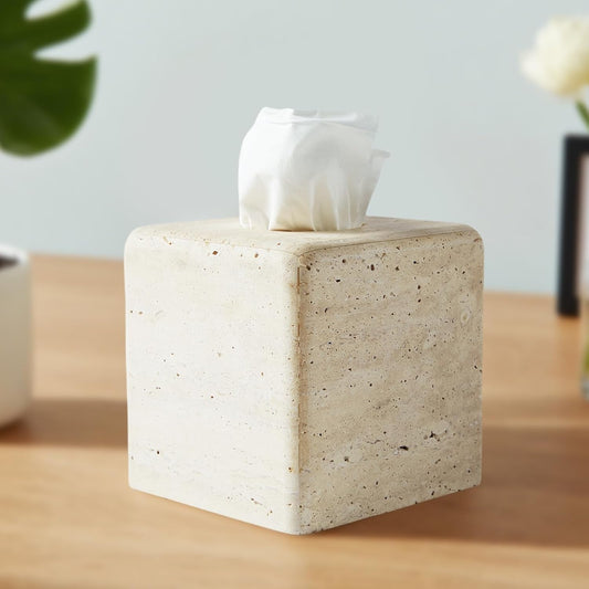 Travertine Tissue Box Cover, Simplicity Style Napkin Holder, Square Tissue Box with Acrylic Board Bottom, Natural Toilet Paper Holder for Bathroom, Bedroom, Living Room