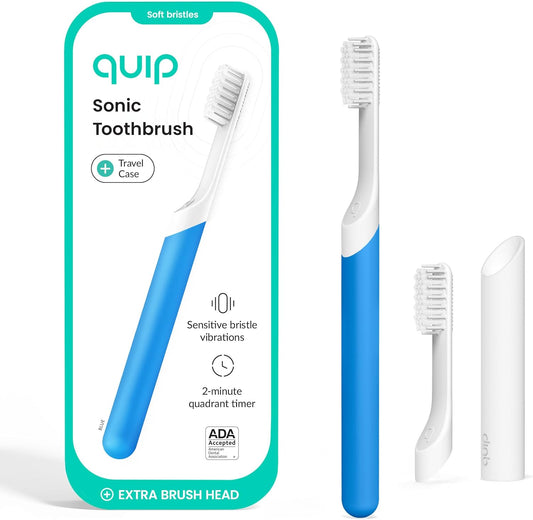Quip Sonic Toothbrush for Adults with Timer - Includes Extra Brush Head and Travel Cover Mount - Electric, Soft Bristle Refill Head, Plastic Handle, 3 Month Battery Life - Travel Toothbrush - Blue