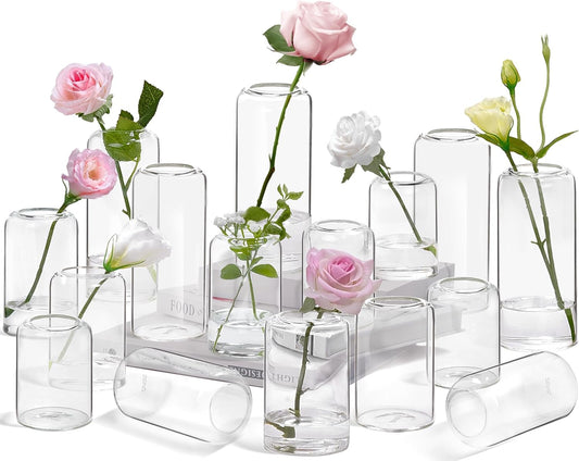 ZENS Bud Vases in Bulk Set of 16, Modern Small Glass Vases for Flower Clear Bud Vases for Wedding Centerpiece, Modern Blown Small Vase for Flowers, Wedding Party Events Decorative Home Decor