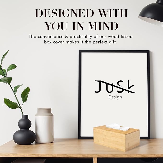 JUSK Design Tissue Box Holder - Modern, Minimalist, and Durable Wooden Tissue Box with Sliding Bottom, Easy-Refill - Premium-Quality Bamboo Tissue Box Cover, Fits 184-Count Box, Rectangular, Pack of 2