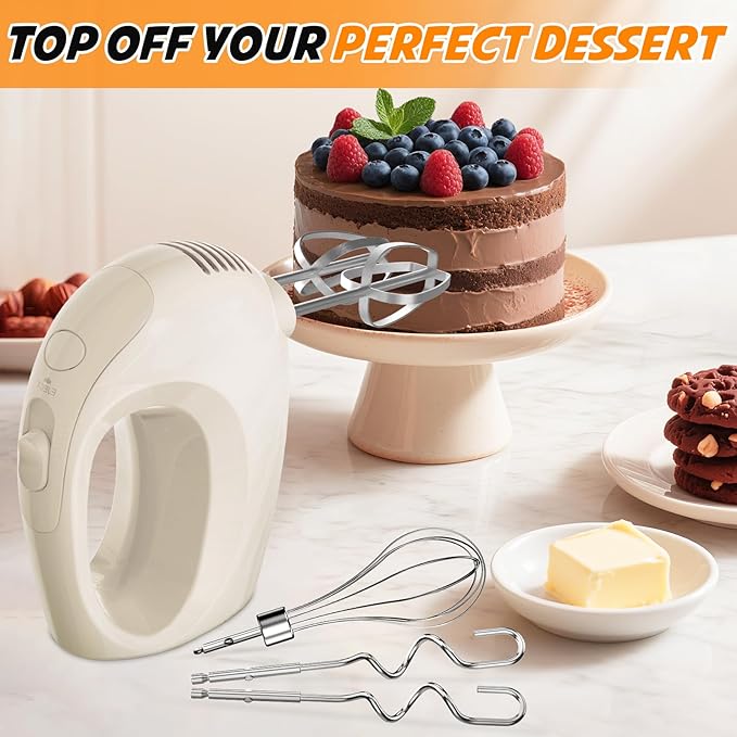 Handmixer Electric Handheld - 7 Speed Portable Kitchen Mixer Electric with 5 Stainless Steel Accessories Whisk, Food Beater for Whipping Mixing Cookies Cakes Eggs, Beige