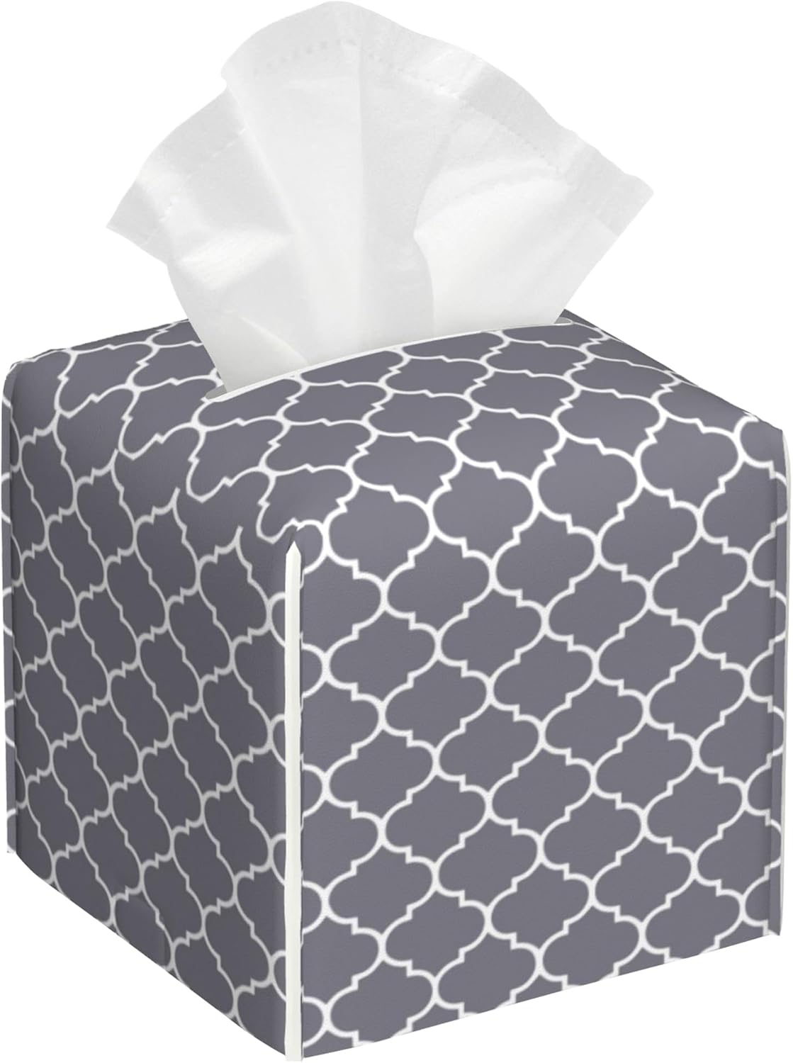 Tissue Box Cover Square, Grey Moroccan Tile Leather Tissue Box Cover Decorative Facial Paper Organizer Dispenser for Bathroom Kitchen Bedroom Vanity Countertop Night Stands