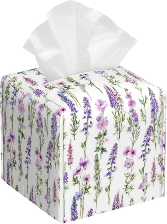 Lovely Spring Flowers Tissue Box Holder,Square Leather Tissue Box Cover with Bottom Belt,Waterproof Modern Napkin Holder Organizer for Car Bathroom Nightstand Vanity Office,5.2" x 5.2" x 5.2"