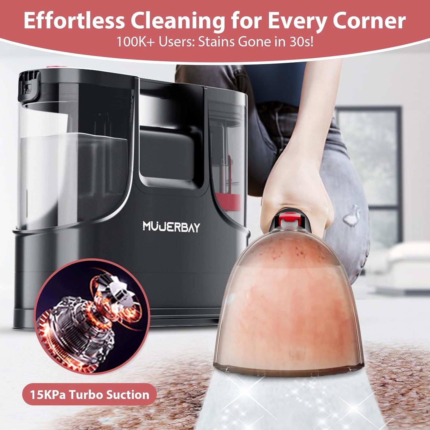 Carpet Cleaner, MUJERBAY 15Kpa Portable Spot and Stain Cleaner Machine, Easy Move with Handle, 1.5-inch Deep Cleaning Shampooer for Couch, Stairs, Car and Pet Messes. Red