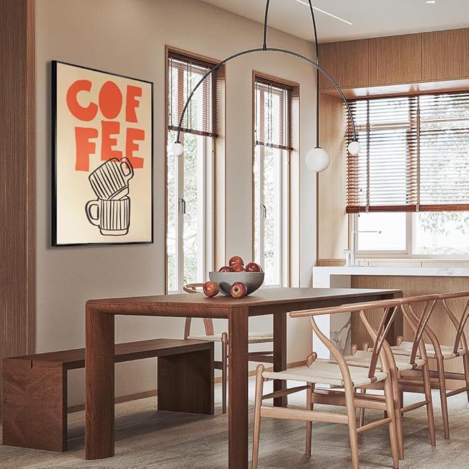 Retro Italian Espresso Coffee Bold Orange Sign Wall Art Stacked Black Stripe Coffee Cups Canvas Print Poster Modern Kitchen Minimalist Line Boho Decor Pictures for Bar Cafe 16x24inch Metal Black Frame