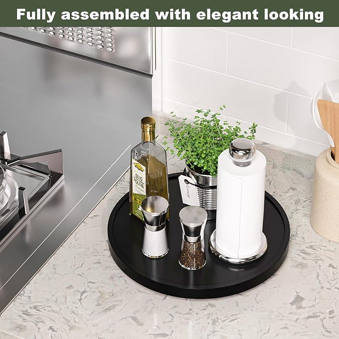 Lazy Susan for Table, 12 Inch Non-Skid Bamboo Turntable Organizer for Salt Pepper Spices and Olive Oil Next to Stove, Wooden Rotating Tray for Kitchen Countertop Organizer Black