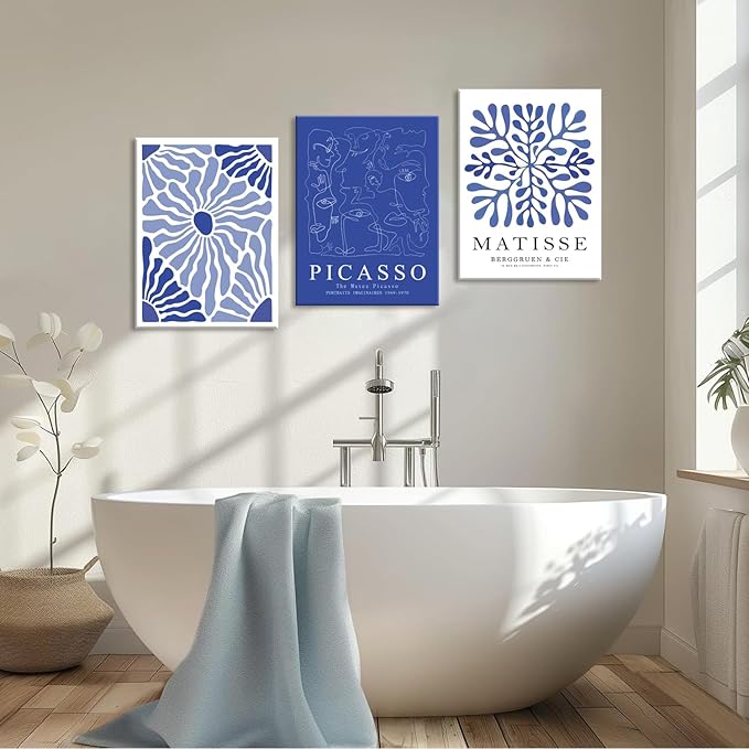 Framed Picasso Matisse Canvas Wall Art Set of 3 – Blue Abstract Line Poster Wall Decor Paintings Prints, Modern Minimalist Pictures Aesthetic Home Decor for Living Room Bedroom Office 16x24 inch