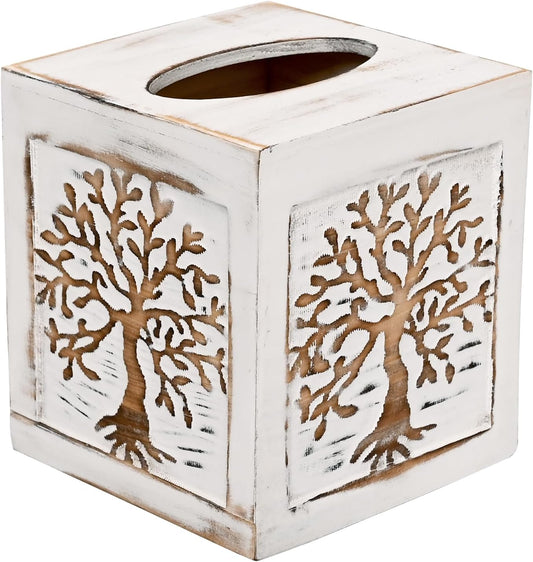 SwallowLiving Tissue Box Cover Square, Decorative Wooden Tissue Holder with Sliding Bottom - Easy-Refill - Cube Facial Paper Organizer Dispenser for Modern Farmhouse Bathroom Decor, Tree of Life White