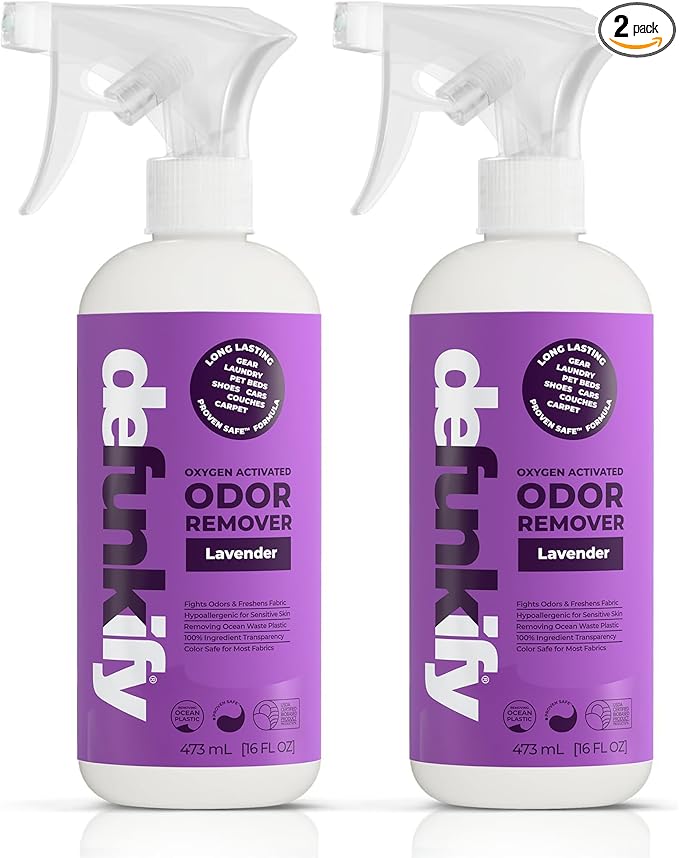 Odor Remover Spray, 16oz (2-Pack). 'Lavender' Essential Oil Odor Eliminator for Strong Odors on Fabric, Shoes, Activewear. 'ProvenSafe' Deodorizer for Pets, Kids & Sensitive Gear w/Ionic Silver