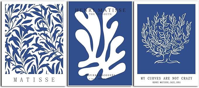 Henri Matisse Canvas Wall Art Poster Set of 3, Abstract Blue and White Line Wall Decor Paintings, Modern Minimalist Prints Aesthetic Home Decor for Living Room Bedroom Office 16x24 inch Unframed