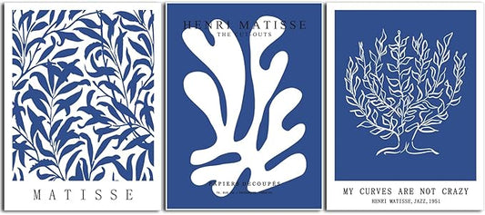 Henri Matisse Canvas Wall Art Poster Set of 3, Abstract Blue and White Line Wall Decor Paintings, Modern Minimalist Prints Aesthetic Home Decor for Living Room Bedroom Office 16x24 inch Unframed