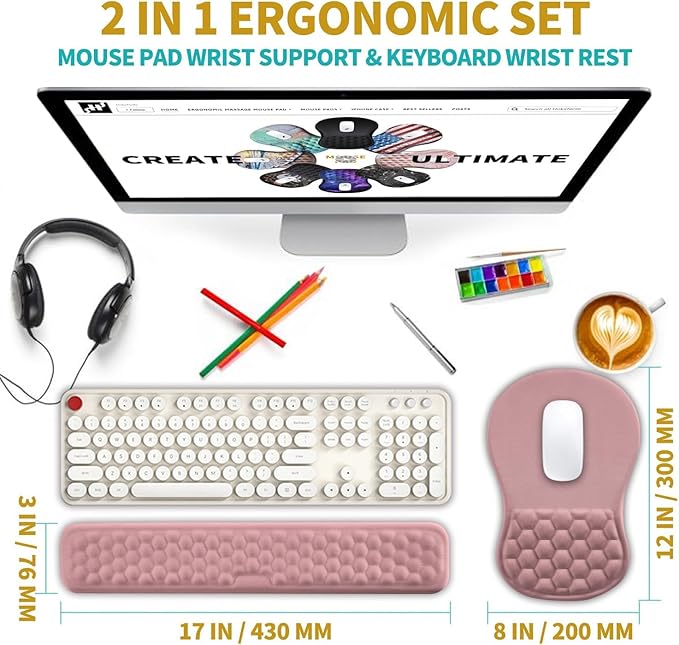 Hokafenle 2 in 1 Ergonomic Mouse Pad Wrist Support & Wrist Rest for Computer Keyboard Set, with Relieve Carpal Tunnel Pain Massage Bulge and Full Memory Gel Design (2In1 Set, Pink)