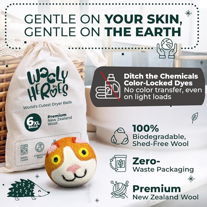 No More Dryer Sheets! Reusable Wool Dryer Balls XL 6-Pack - Reduces Static, Cuts Dry Time, & Softens Naturally