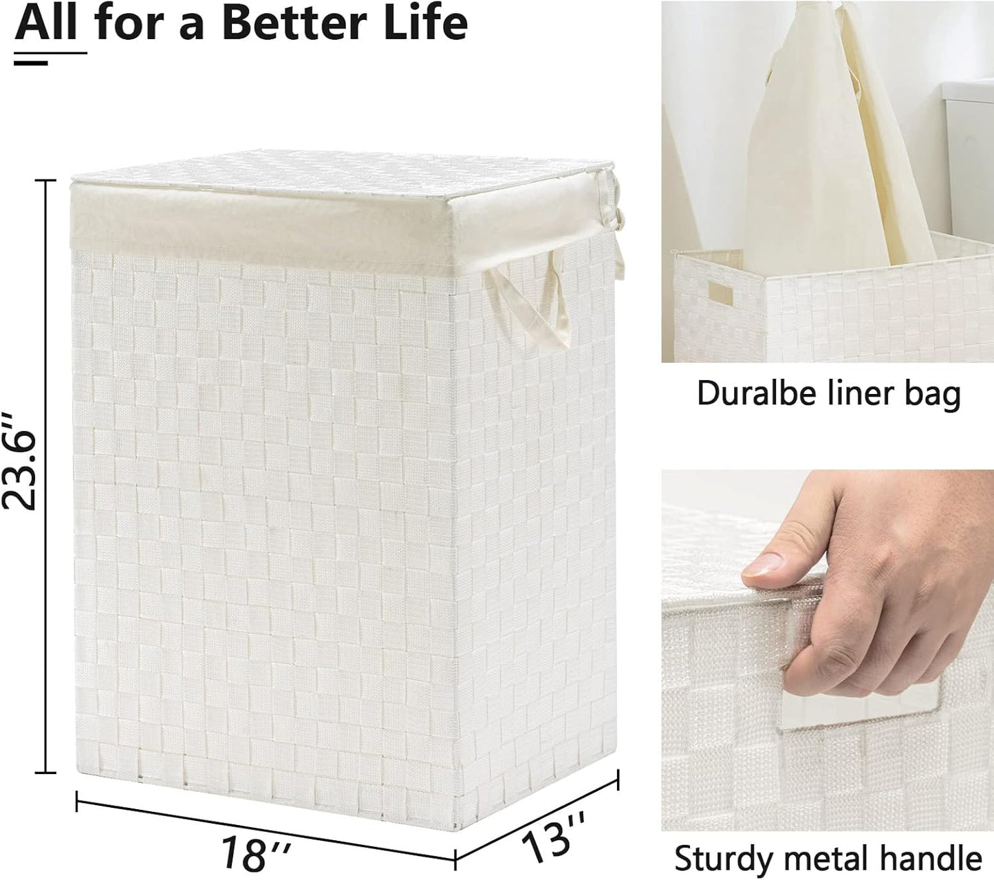 YOUDENOVA Handwoven Laundry Basket Hamper with Removable Bag and Lid, Collapsible Clothes Hamper with Handle, White