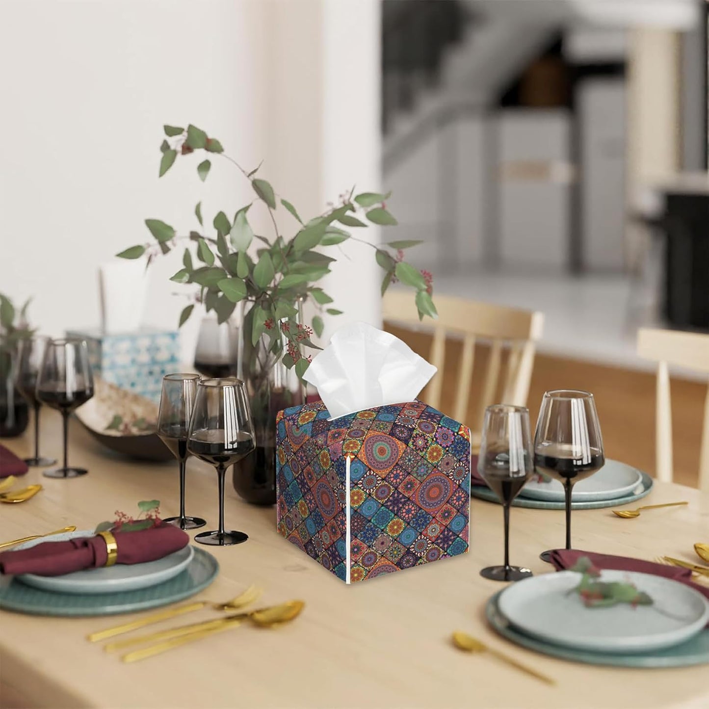 Tissue Box Cover Square, Boho Mandala Floral Morocco Tiles Leather Tissue Box Cover Decorative Facial Paper Organizer Dispenser for Bathroom Kitchen Bedroom Vanity Countertop Night Stands