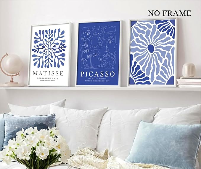 Blue Matisse Canvas Wall Art Poster Set of 3, Picasso Abstract Line Wall Decor Paintings Prints, Modern Minimalist Pictures Aesthetic Home Decor for Living Room Bedroom Office 12x16 inch Unframed