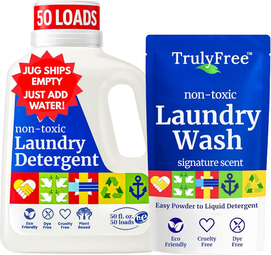 Truly Free Natural Laundry Detergent for Sensitive Skin | Eco Friendly, Plant Based, Baby Clothes Safe | Clean & Easy Powder to Liquid, 1 Pack Detergent + 1 Refillable Jug | Signature Scent, 50 Loads