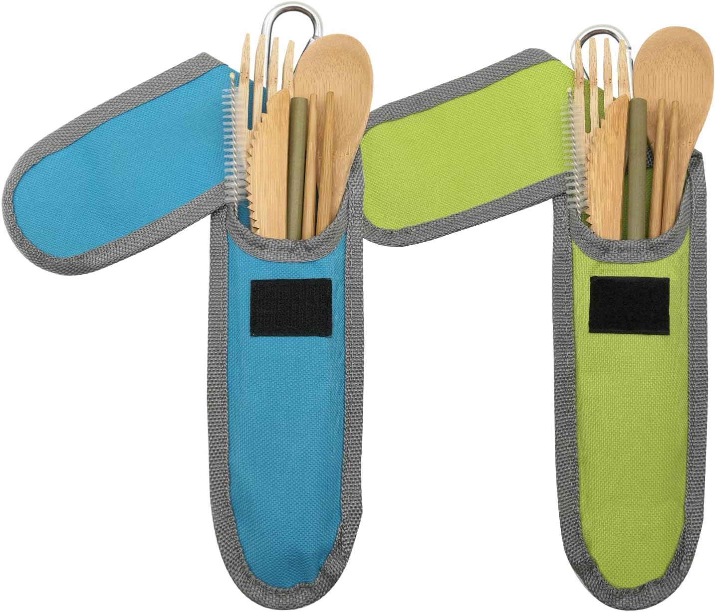 UPTRUST 2 Set Bamboo Cutlery Set Bamboo Travel Utensil Reusable Table cutlery Fork Knife Spoon Chopsticks Straw Cleaning Brush for Travel Picnic School Office（Skyblue& Green）