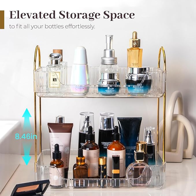 Aveniee Bathroom Counter Organizer, 2 Tier Perfume Skin Care Countertop Storage Shelf, Vanity Makeup Tray for Cosmetic Skincare Lotion,Clear