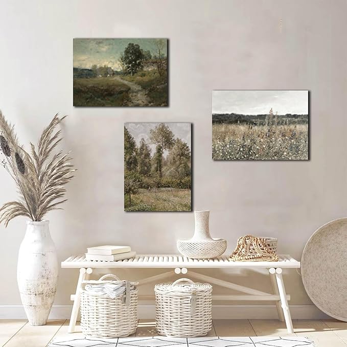 Vintage Landscape Canvas Wall Art Posters Set of 3 - Meadow with Flowers Painting Prints,Rustic Farmhouse Home Decor,Pastoral Outdoor Views Picture for Living Room Bedroom Bathroom 12x16in Unframed