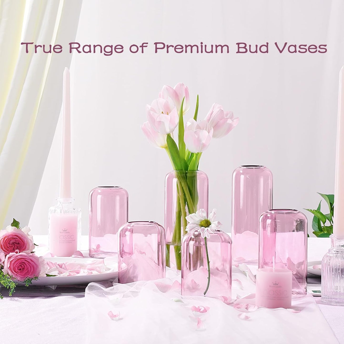 ZENS Bud Vases Set of 6, Pink Clear Small Glass Vase for Flowers. Modern Hand Blown Cylinder Glass Vase for Wedding Reception Centerpieces Living Room Decorative.