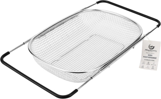 ZDRongZhen Kitchen Accessories Over the Sink Colander Strainer Basket，Stainless Steel Colander with Expandable Rubber Grip Sink Drainer-Rinse Vegetables Fruits &Strain&Drain (Large-grid)