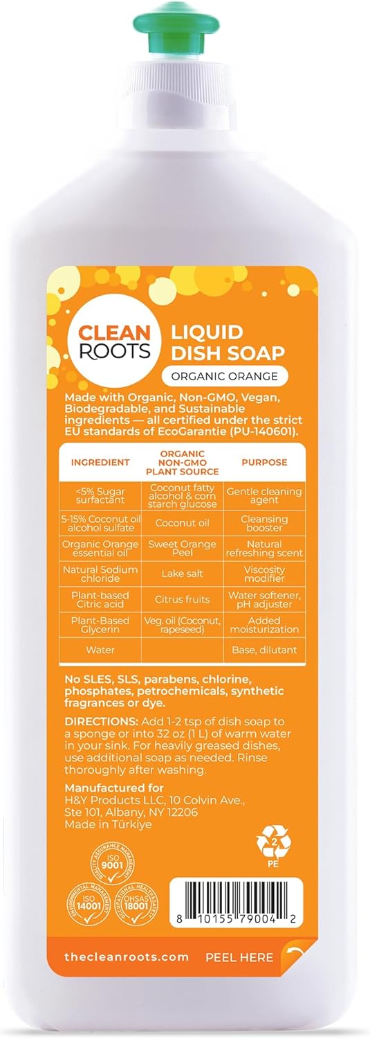 Liquid Dish Soap – EcoGarantie Certified, 100% Plant-Based Formula, Made with Organic Ingredients, Scented with Organic Orange Essential Oil – 24.6 fl oz (730 mL), Pack of 3