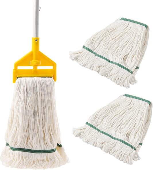 Commercial Mop Heavy Duty Industrial Mop with Long Handle,59" Looped-End String Wet Cotton Mops for Floor Cleaning, Including Three mop Head Replacement