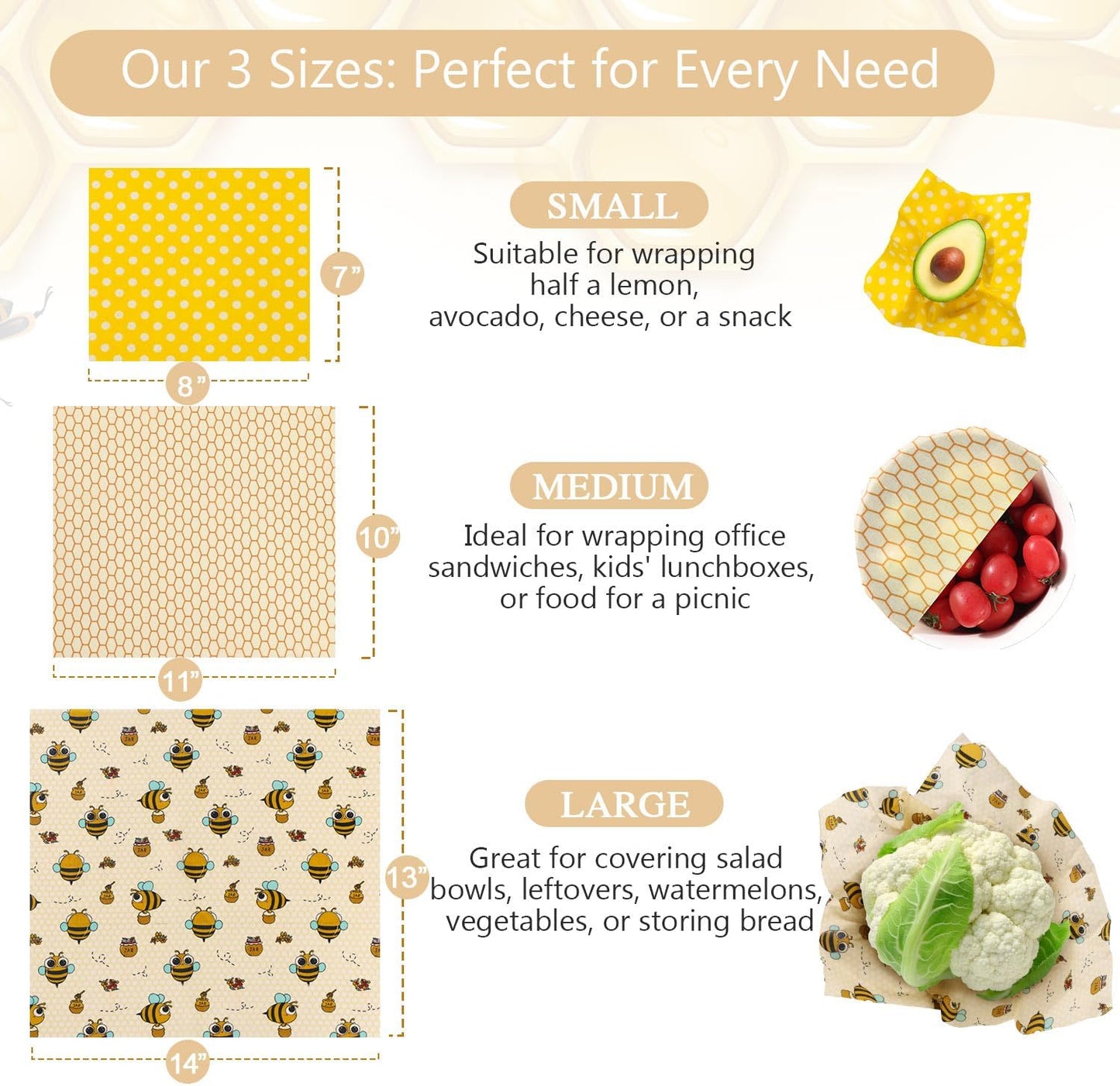 Beeswax Wraps For Food - 3 Pack (S,M,L) Cheese Bags & Bowl Covers, Bread & Sandwich Wrap, Food Storage | Reusable, Eco- Ffriendly, Zero Waste, Plastic and Silicone Free, Earth Friendly Products
