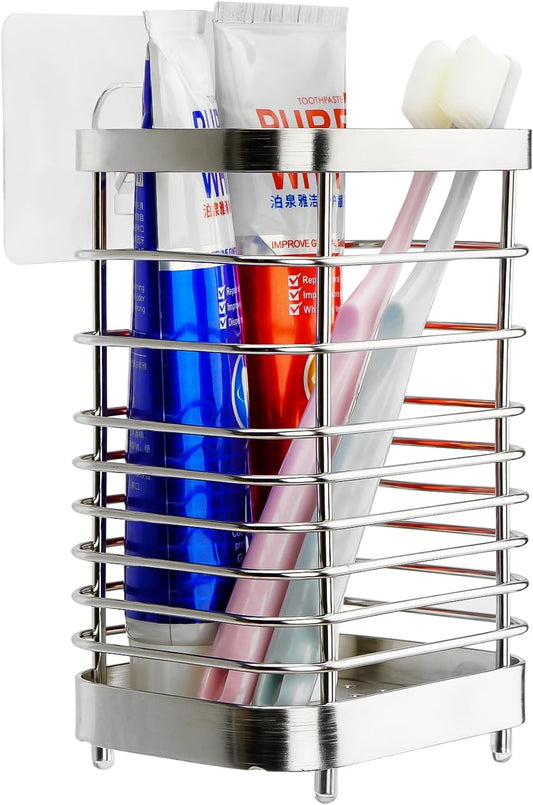 Wall Mount Toothbrush Holder for Bathroom, Stainless Steel Rustproof Toothbrush and Toothpaste Holder Organizer, Electric Toothbrush Holder Self Adhesive Wallmount/Countertop Organizer(Silver)