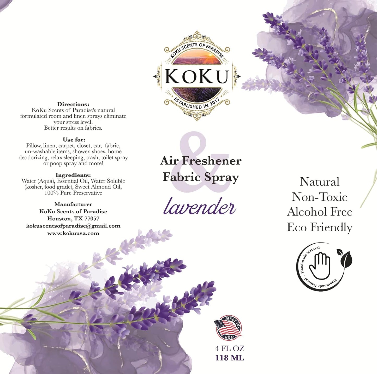 Lavender Air Freshener - Room Spray - Odor Eliminator - Deodorizer - Car Air Freshener - Home Spray - Linen Spray - Fabric Refresher - Non-Toxic - Alcohol Free – Made in USA - 4 Oz